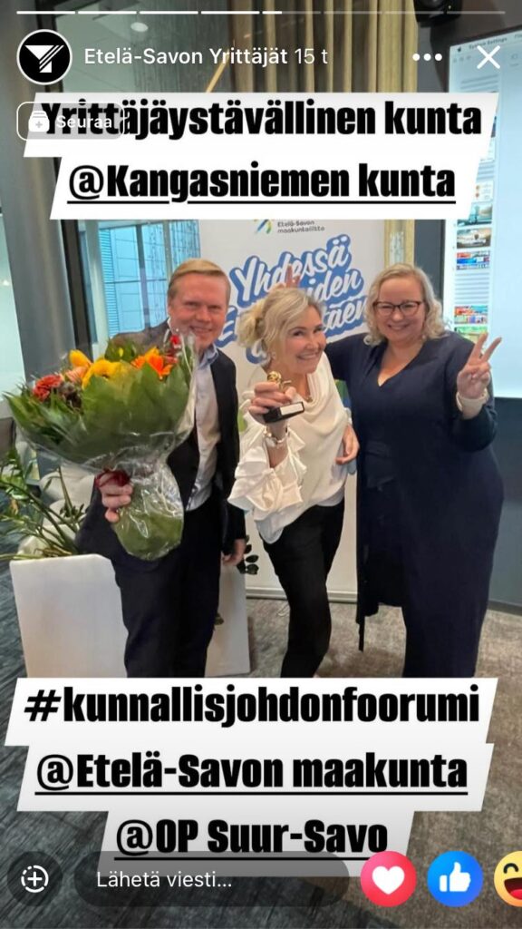 Etelä-Savon yrittäjäystävällisin kunta vuonna 2025 on Kangasniemi. Etelä-Savon Yrittäjät Heidi Loukiainen Kimmo Kainulainen Teija Skyttä